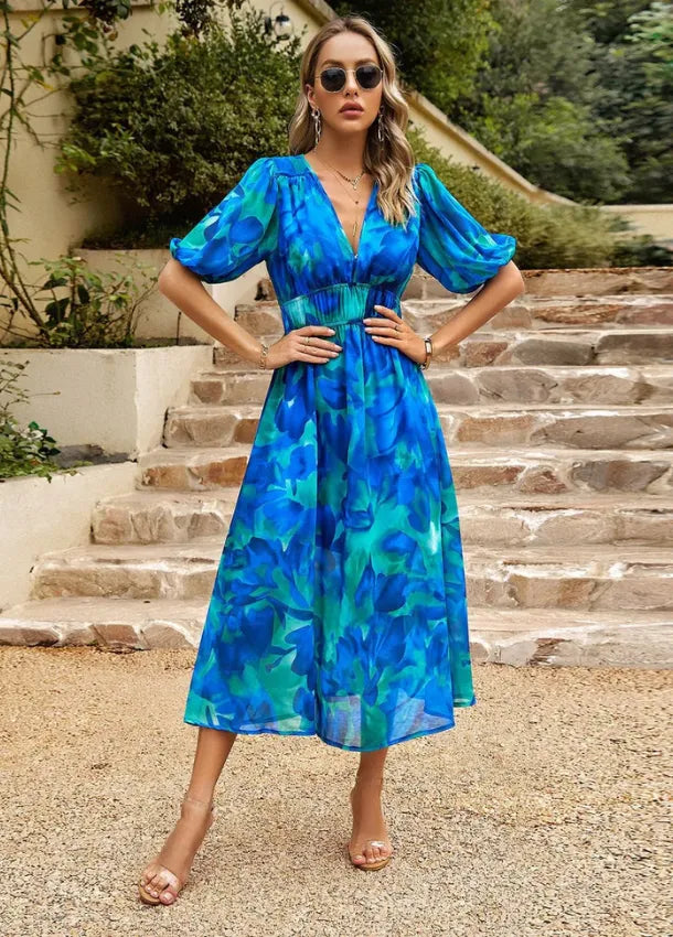 Women's Elegant Floral Midi Summer Dress with V-Neck