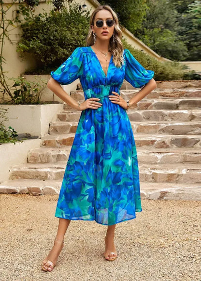 Women's Elegant Floral Midi Summer Dress with V-Neck