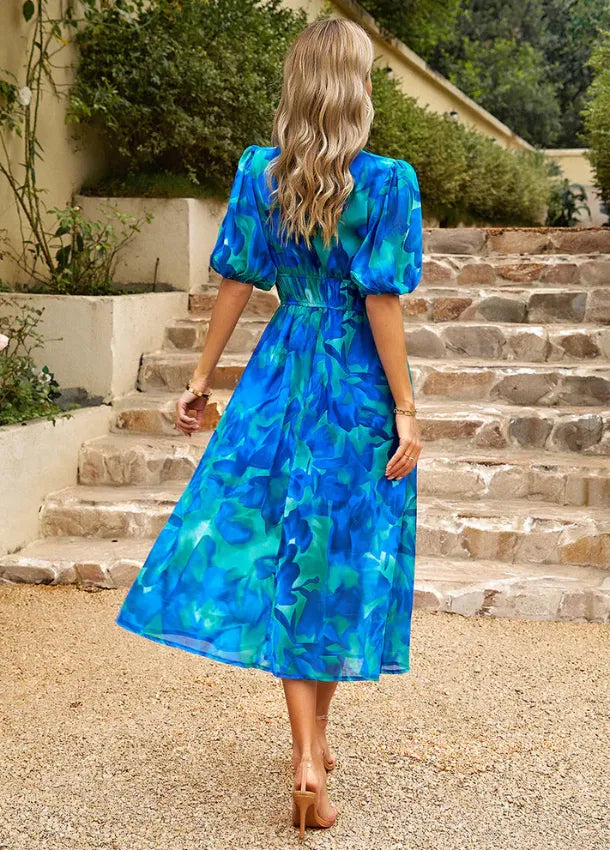 Women's Elegant Floral Midi Summer Dress with V-Neck
