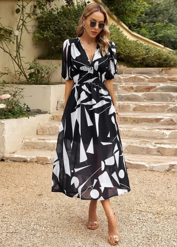 Women's Elegant Floral Midi Summer Dress with V-Neck