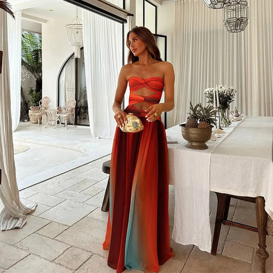 Women's Elegant Flowy Maxi Wedding Guest Dress with Cut Out