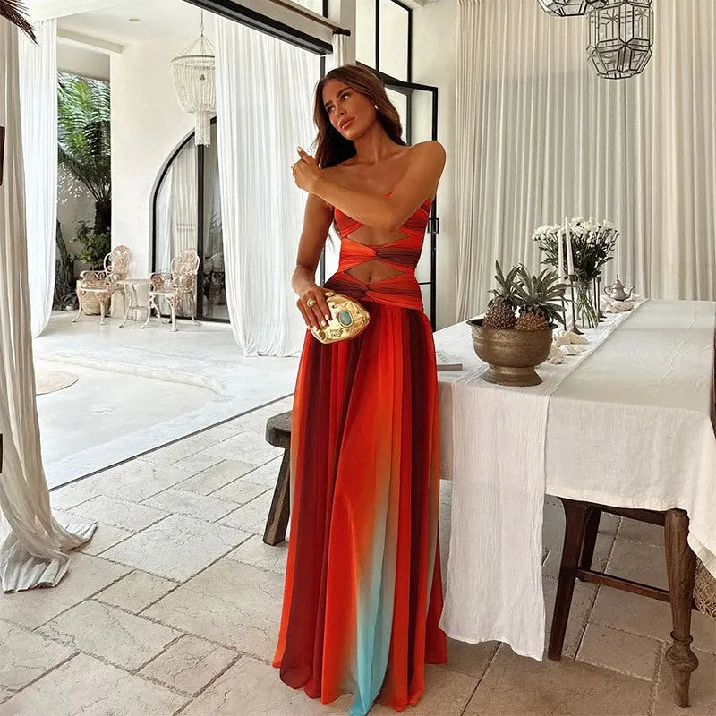 Women's Elegant Flowy Maxi Wedding Guest Dress with Cut Out