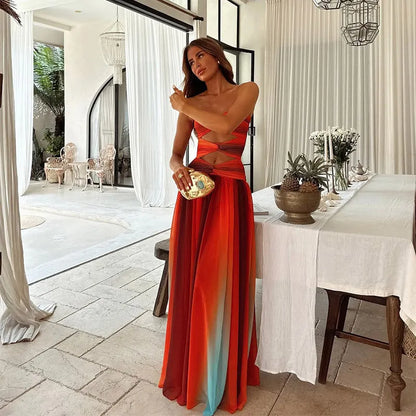 Women's Elegant Flowy Maxi Wedding Guest Dress with Cut Out