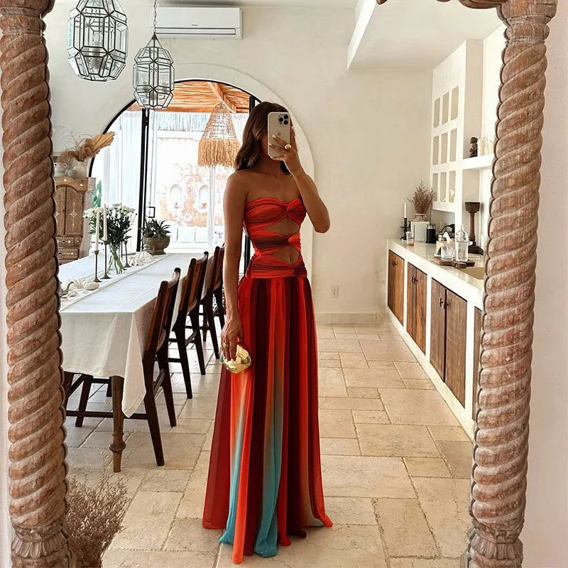 Women's Elegant Flowy Maxi Wedding Guest Dress with Cut Out