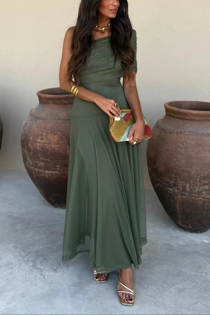 Women’s Elegant Flowy Maxi Wedding Guest Dress with One Shoulder