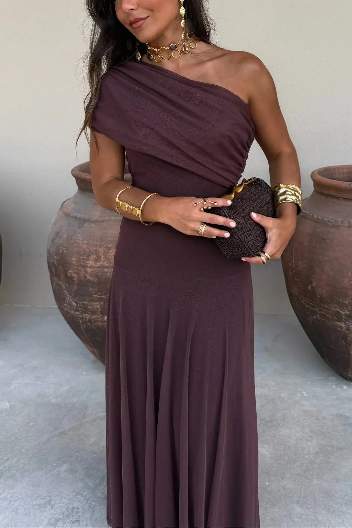 Women’s Elegant Flowy Maxi Wedding Guest Dress with One Shoulder