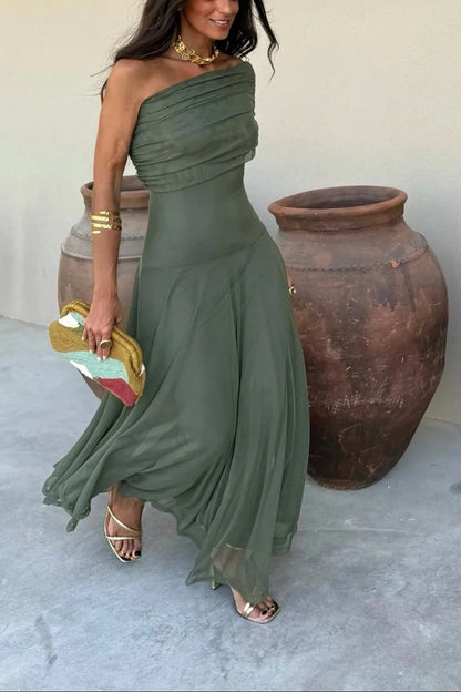 Women’s Elegant Flowy Maxi Wedding Guest Dress with One Shoulder