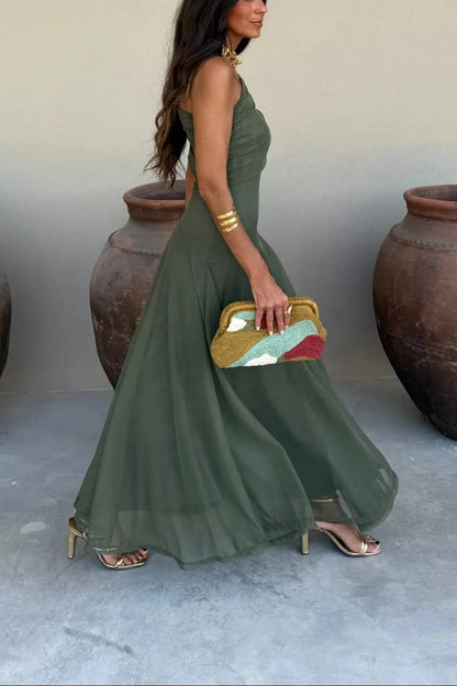 Women’s Elegant Flowy Maxi Wedding Guest Dress with One Shoulder
