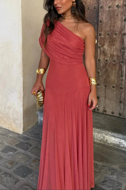Women’s Elegant Flowy Maxi Wedding Guest Dress with One Shoulder