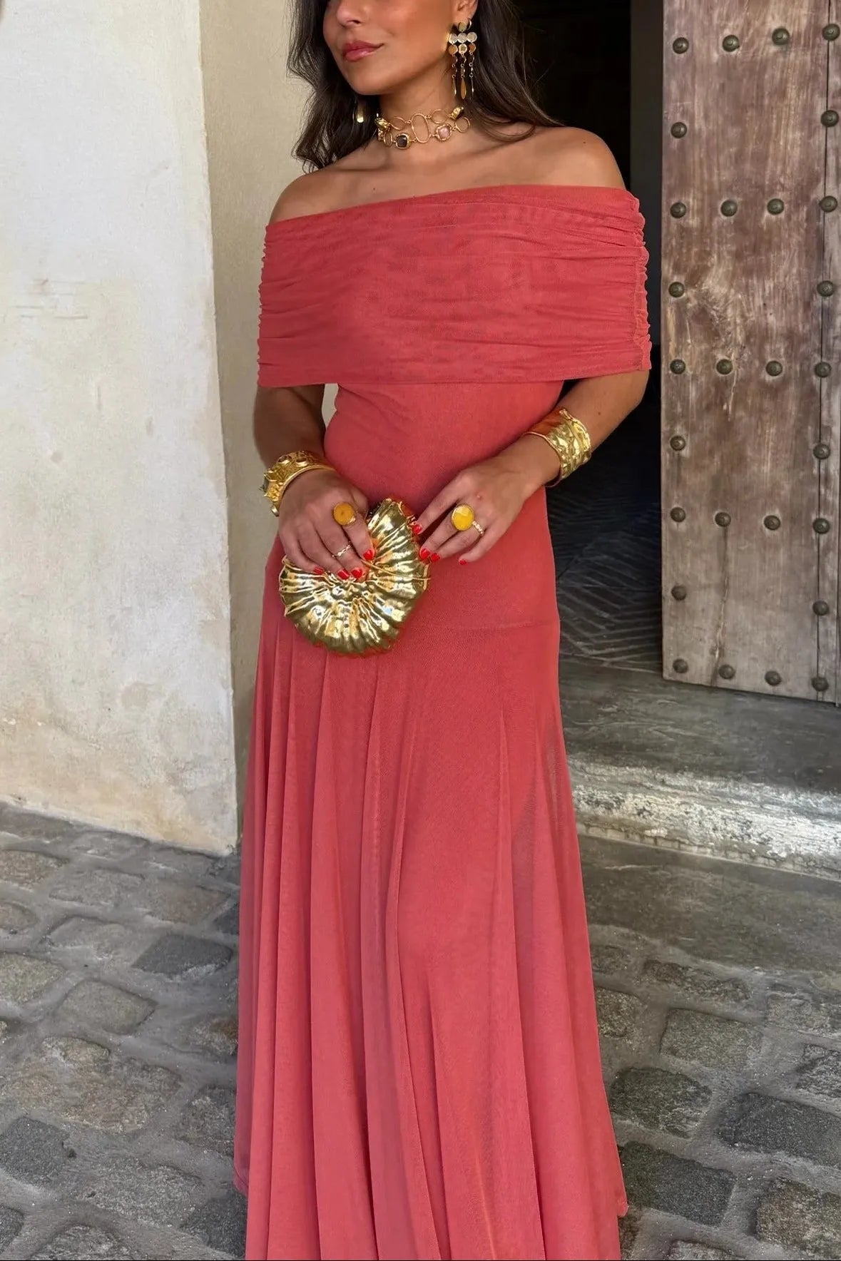 Women’s Elegant Flowy Maxi Wedding Guest Dress with One Shoulder
