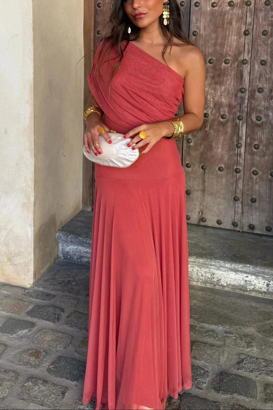 Women’s Elegant Flowy Maxi Wedding Guest Dress with One Shoulder