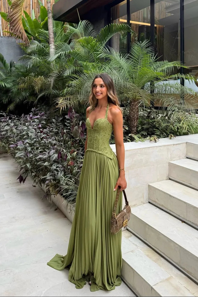 Women’s Elegant Flowy Maxi Wedding Guest Dress with Pleated Detail