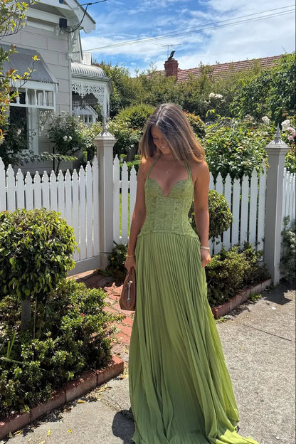 Women’s Elegant Flowy Maxi Wedding Guest Dress with Pleated Detail