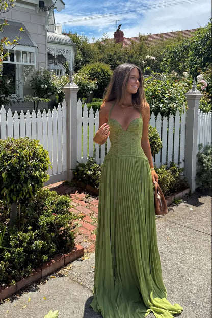Women’s Elegant Flowy Maxi Wedding Guest Dress with Pleated Detail