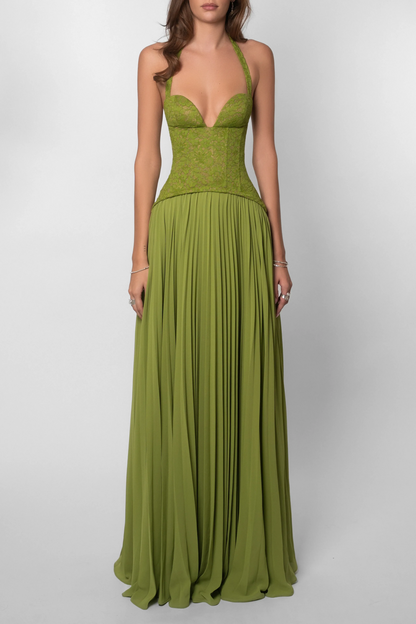 Women’s Elegant Flowy Maxi Wedding Guest Dress with Pleated Detail
