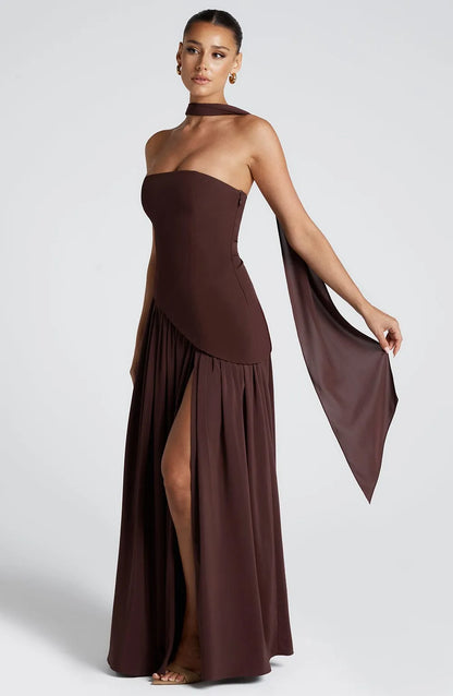 Women's Elegant Flowy Maxi Wedding Guest Dress with Slit
