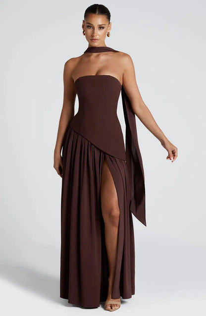 Women's Elegant Flowy Maxi Wedding Guest Dress with Slit