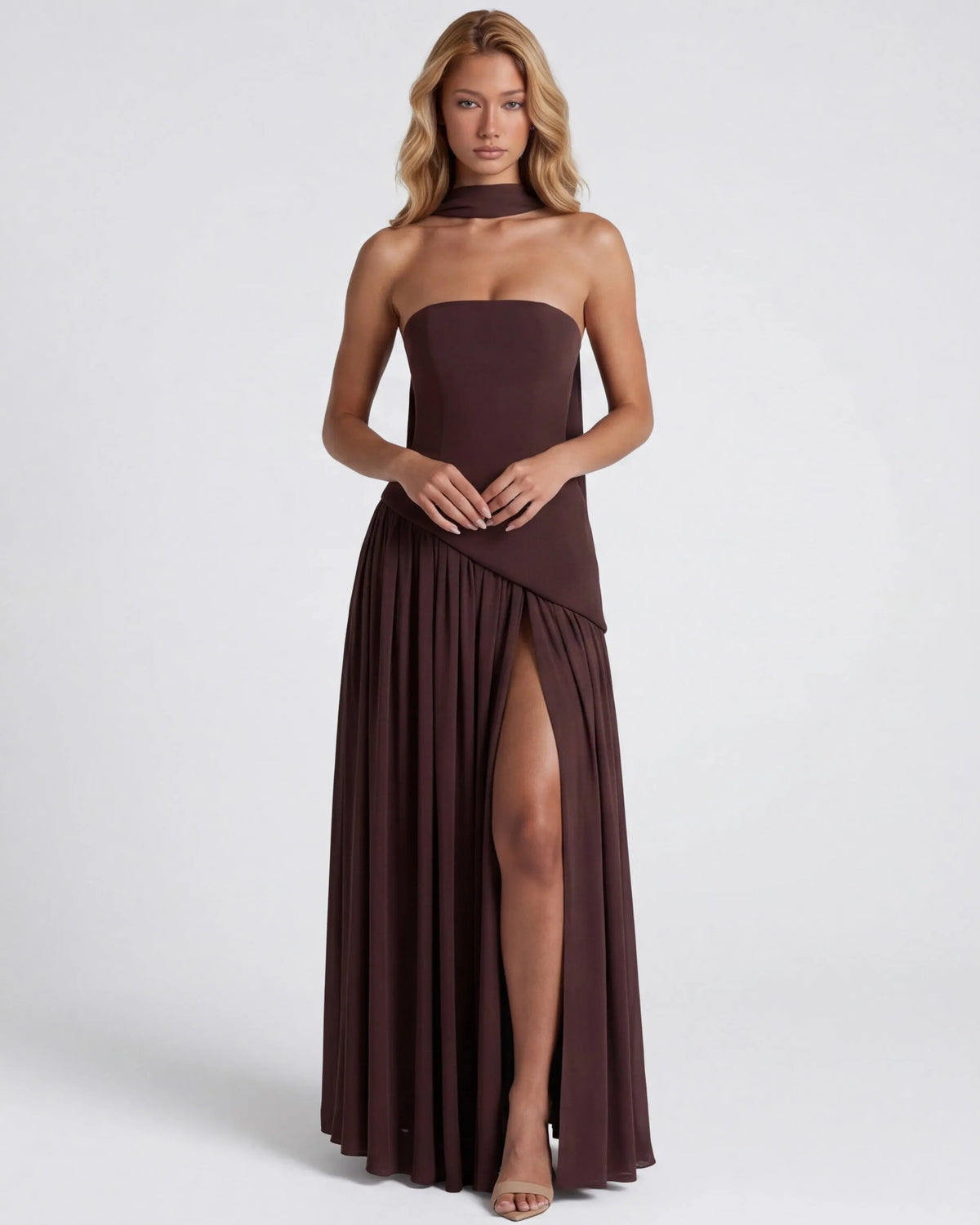 Women’s Elegant Flowy Maxi Wedding Guest Dress with Slit