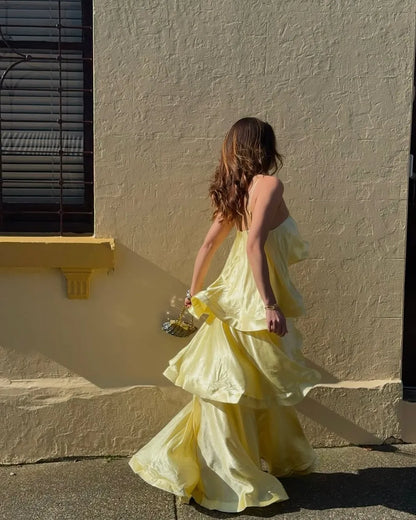 Women’s Elegant Flowy Maxi Wedding Guest Dress with Tiered Ruffle
