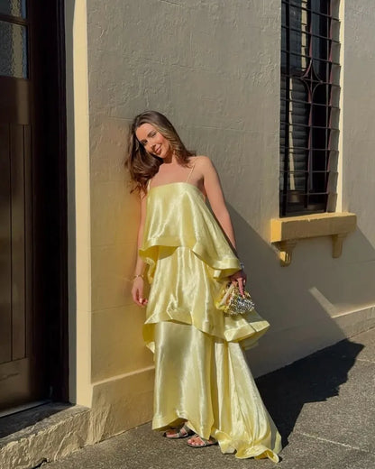 Women’s Elegant Flowy Maxi Wedding Guest Dress with Tiered Ruffle