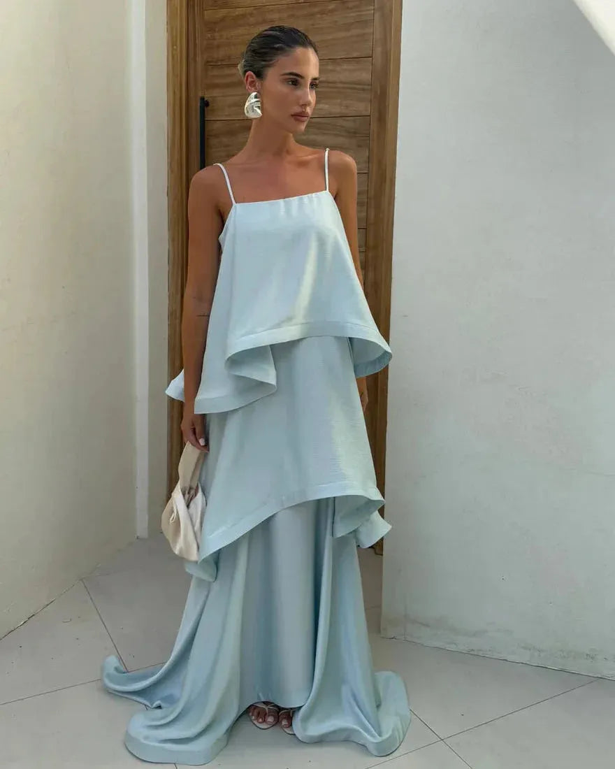 Women’s Elegant Flowy Maxi Wedding Guest Dress with Tiered Ruffle