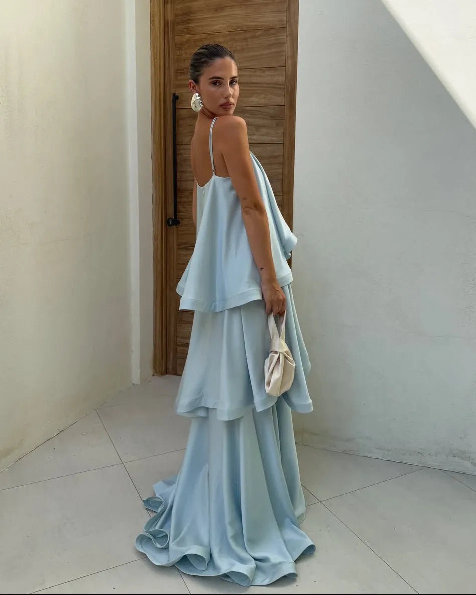 Women’s Elegant Flowy Maxi Wedding Guest Dress with Tiered Ruffle