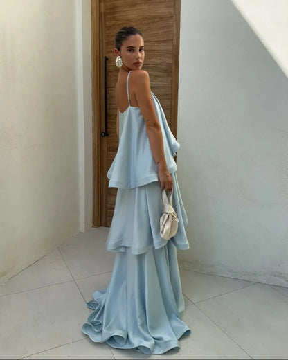 Women’s Elegant Flowy Maxi Wedding Guest Dress with Tiered Ruffle