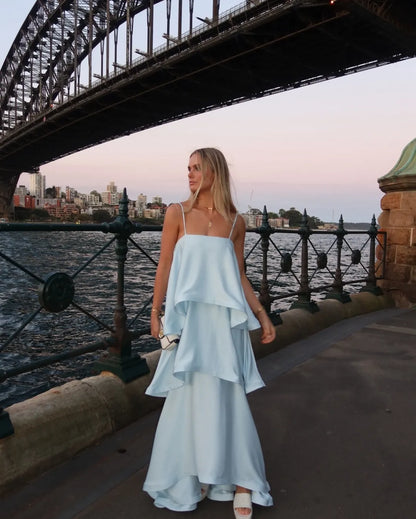 Women’s Elegant Flowy Maxi Wedding Guest Dress with Tiered Ruffle
