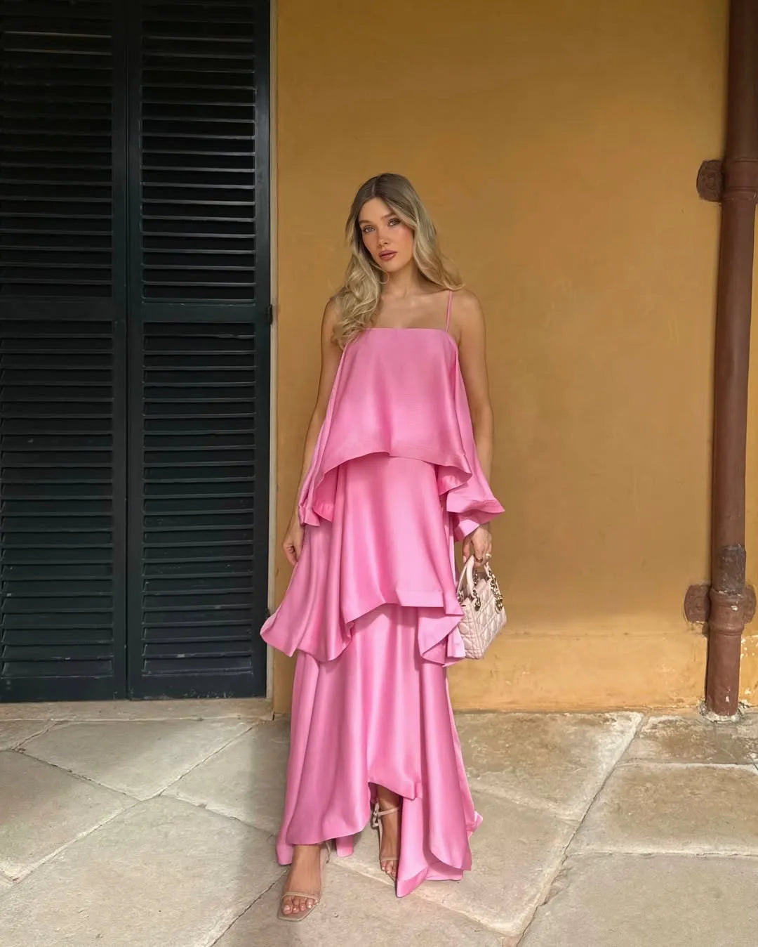 Women’s Elegant Flowy Maxi Wedding Guest Dress with Tiered Ruffle