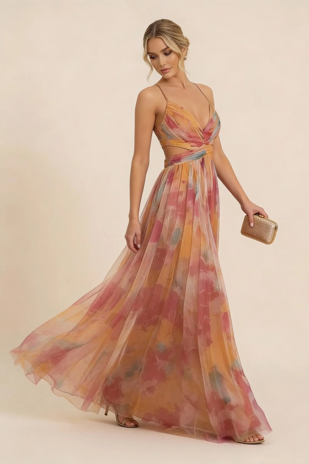 Women’s Elegant Flowy Maxi Wedding Guest Dress with V-Neck