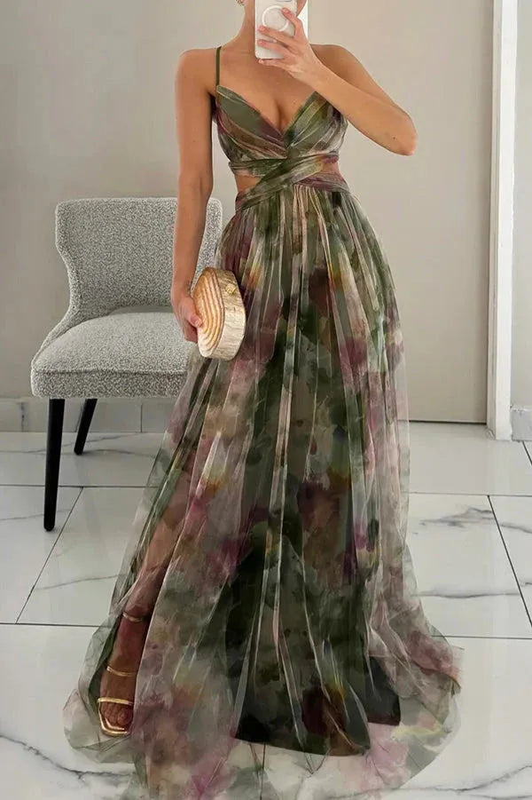 Women’s Elegant Flowy Maxi Wedding Guest Dress with V-Neck