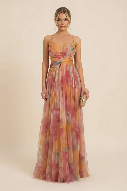 Women’s Elegant Flowy Maxi Wedding Guest Dress with V-Neck