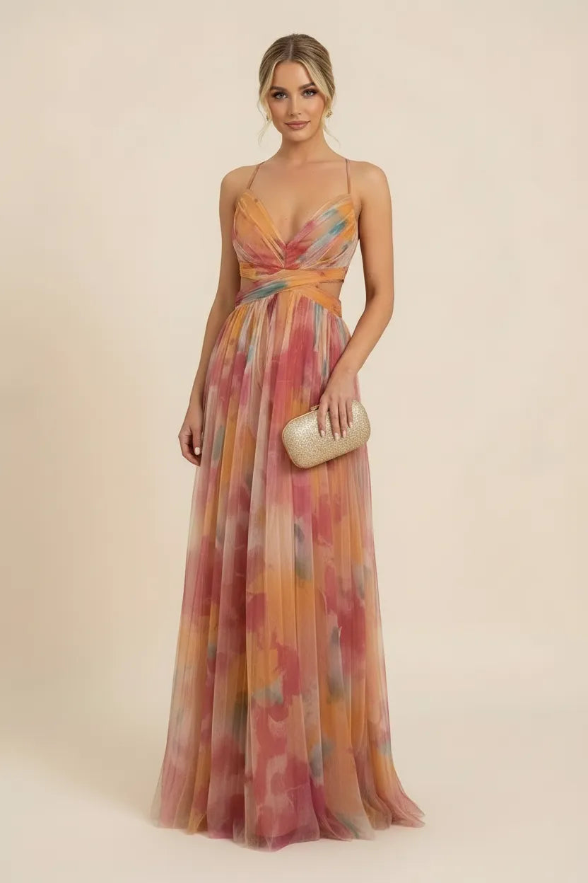 Women’s Elegant Flowy Maxi Wedding Guest Dress with V-Neck