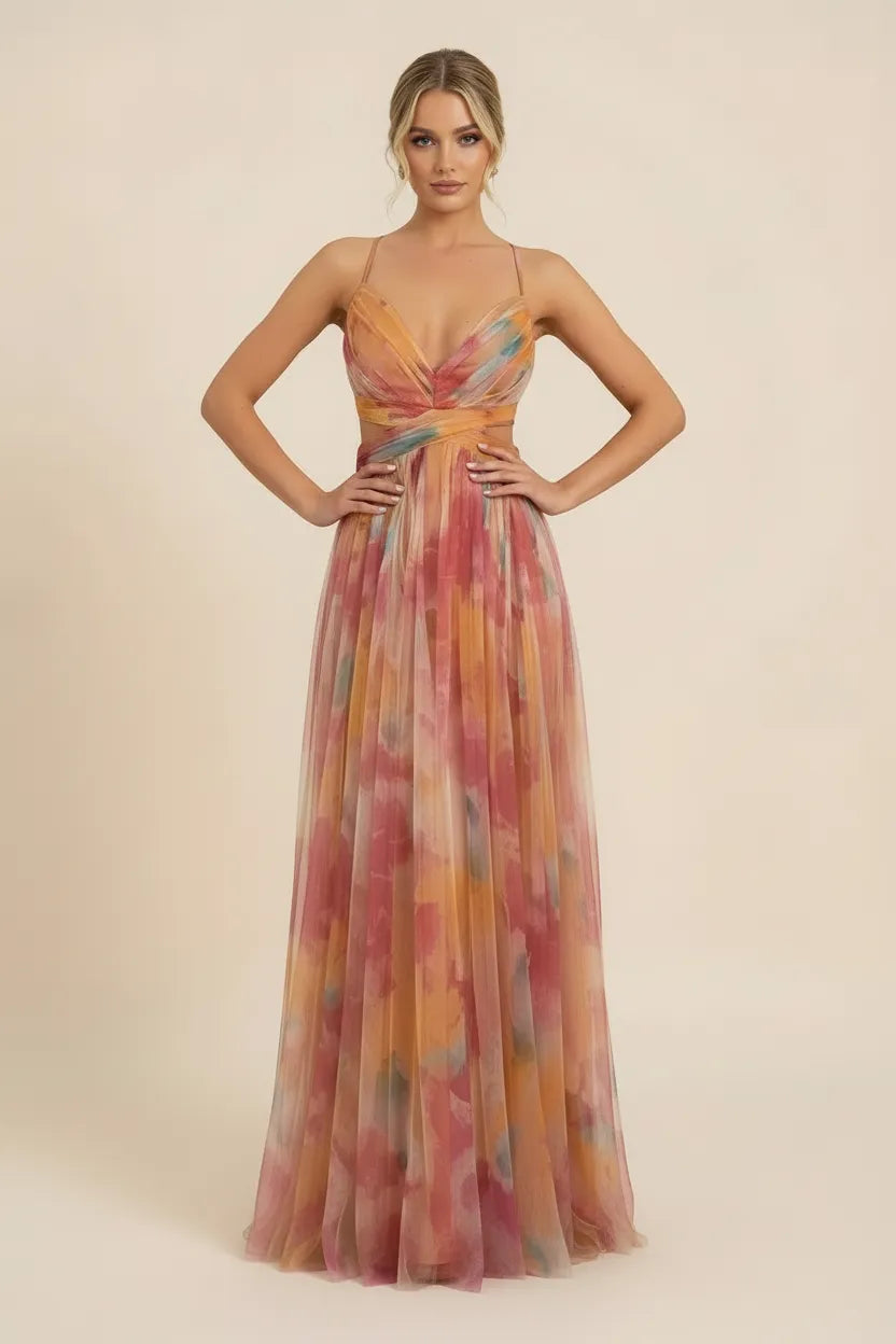 Women’s Elegant Flowy Maxi Wedding Guest Dress with V-Neck