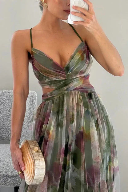 Women’s Elegant Flowy Maxi Wedding Guest Dress with V-Neck