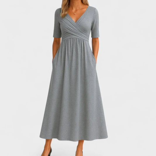 Women's Elegant Flowy Midi Wedding Guest Dress with V-Neck