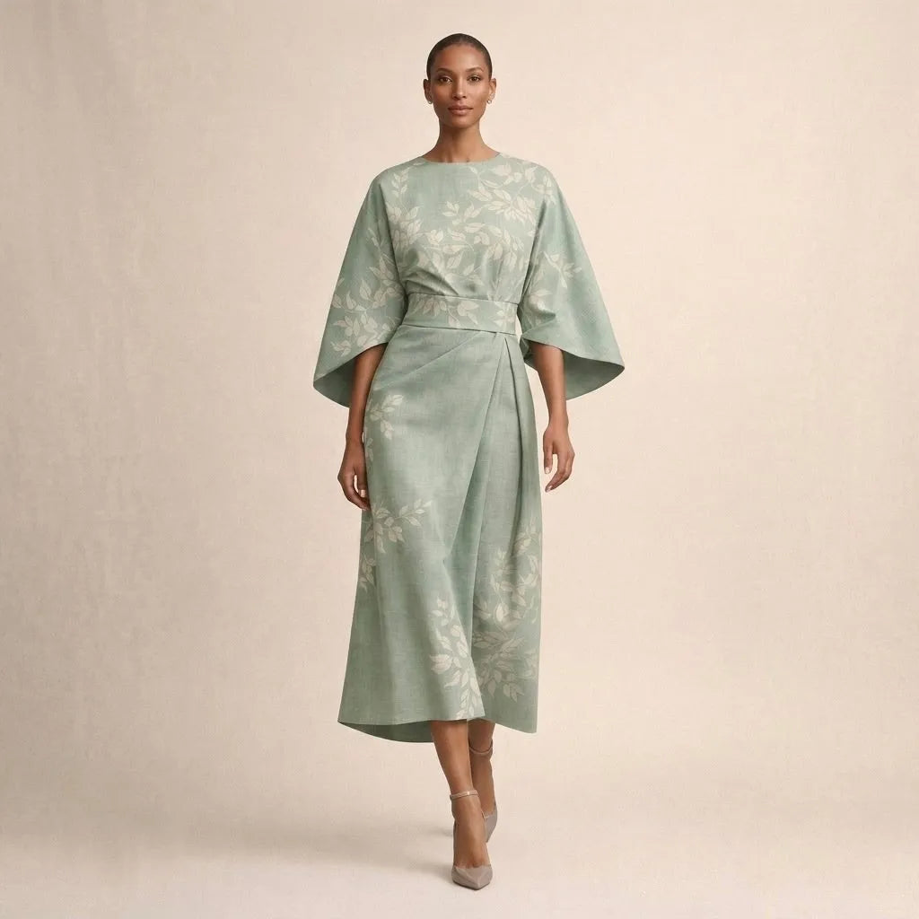 Women's Elegant Flowy Midi Wedding Guest Dress with Wide Sleeves