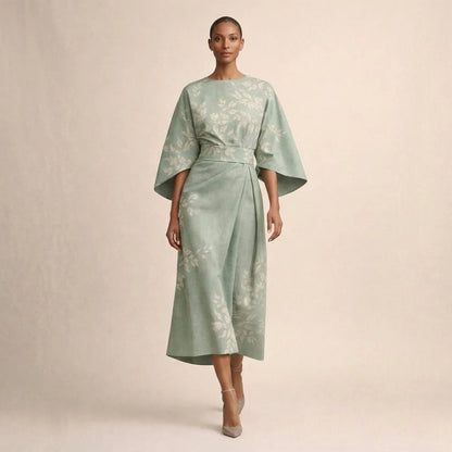 Women's Elegant Flowy Midi Wedding Guest Dress with Wide Sleeves