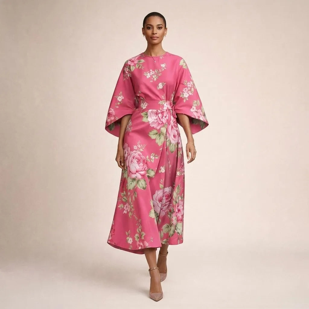Women's Elegant Flowy Midi Wedding Guest Dress with Wide Sleeves