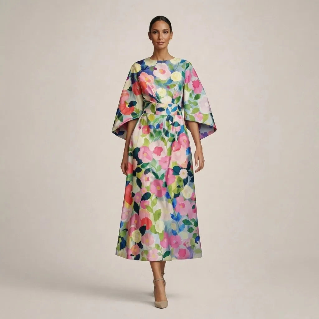 Women's Elegant Flowy Midi Wedding Guest Dress with Wide Sleeves