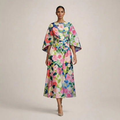 Women's Elegant Flowy Midi Wedding Guest Dress with Wide Sleeves