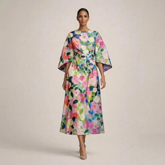 Women's Elegant Flowy Midi Wedding Guest Dress with Wide Sleeves
