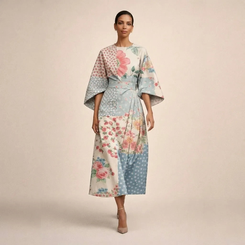 Women's Elegant Flowy Midi Wedding Guest Dress with Wide Sleeves