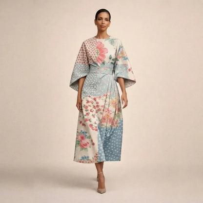 Women's Elegant Flowy Midi Wedding Guest Dress with Wide Sleeves