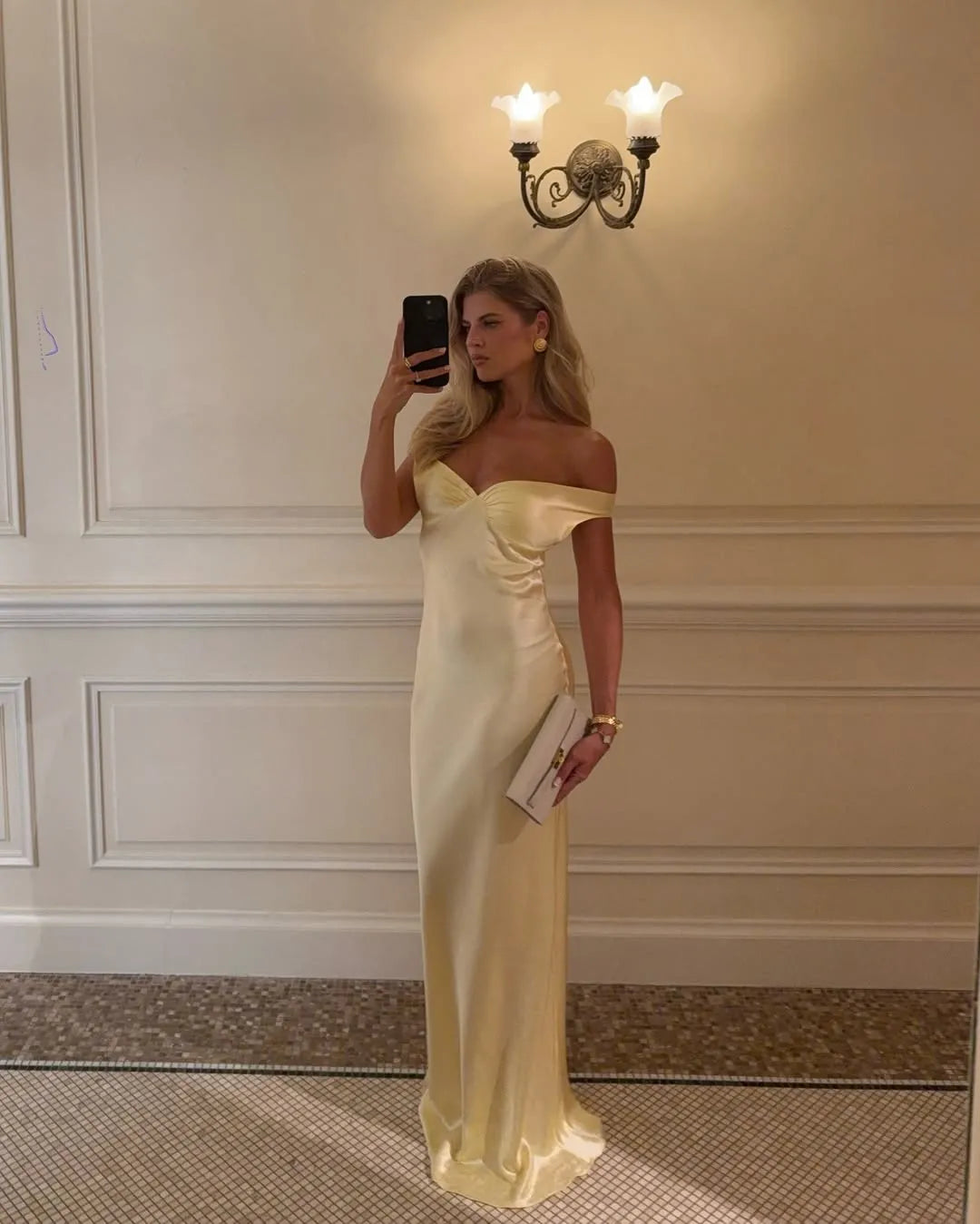 Women’s Elegant Formal Maxi Wedding Guest Dress with Off-Shoulder Neckline