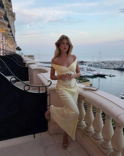 Women’s Elegant Formal Maxi Wedding Guest Dress with Off-Shoulder Neckline