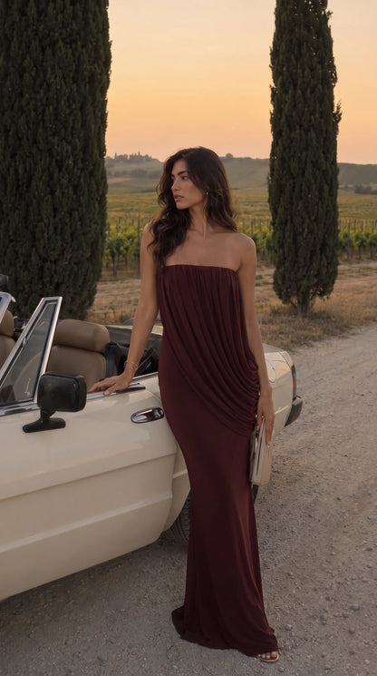 Women’s Elegant Formal Maxi Wedding Guest Dress with Strapless Neckline