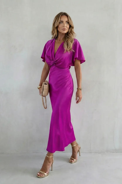 Women’s Elegant Formal Maxi Wedding Guest Dress with V-Neck