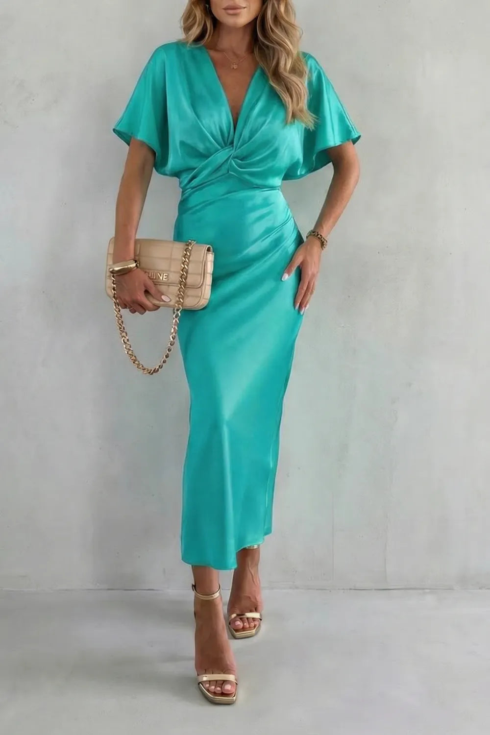 Women’s Elegant Formal Maxi Wedding Guest Dress with V-Neck