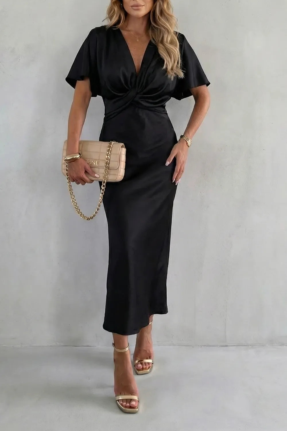 Women’s Elegant Formal Maxi Wedding Guest Dress with V-Neck